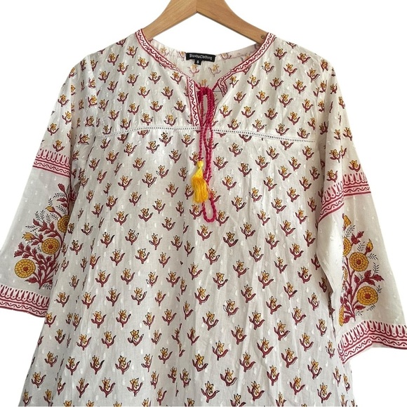 Shaaba Clothing White Red Hand Block Printed Cotton Dobby Dress size S - Picture 6 of 10